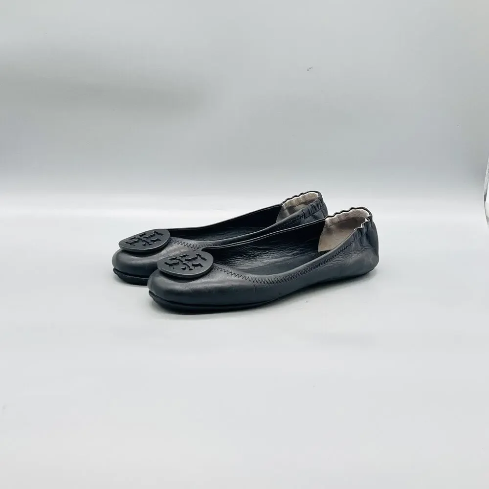 Tory Burch Shoes Womens 6.5 Black Leather Logo Ballet Flats Slip On Comfort